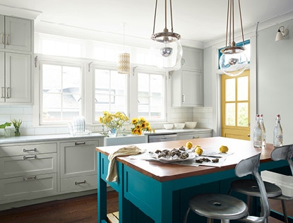 Bright, airy kitchen with a bold island painted in Caribbean Blue Water 2055-30. Bright, airy kitchen with a bold island painted in Caribbean Blue Water 2055-30.