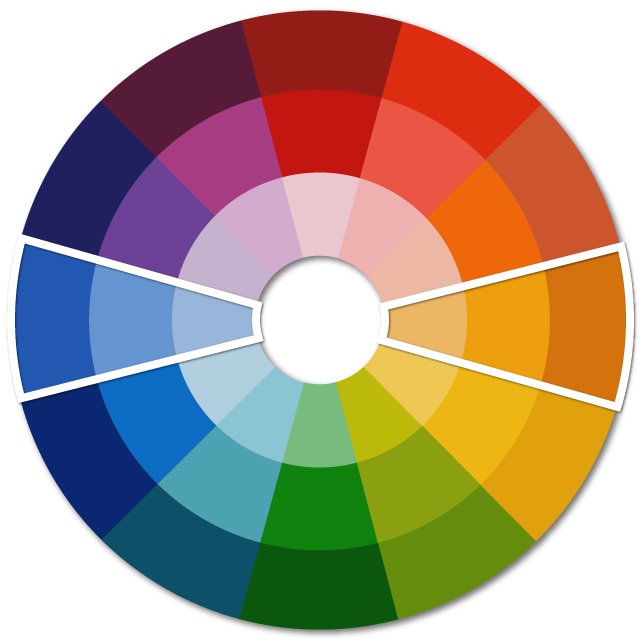 A color wheel with a white perimeter around a section of blue hues and section of orange hues. A color wheel with a white perimeter around a section of blue hues and section of orange hues.